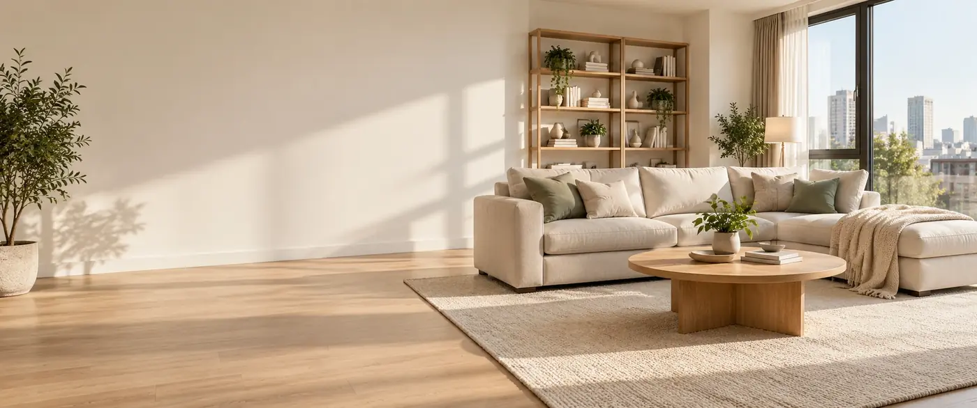 Sunlit living room with a sectional sofa, coffee table and shelving